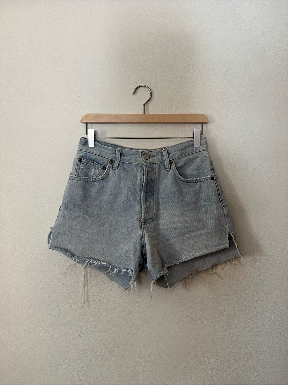 Agolde Light Blue High-Rise Frayed Denim Shorts